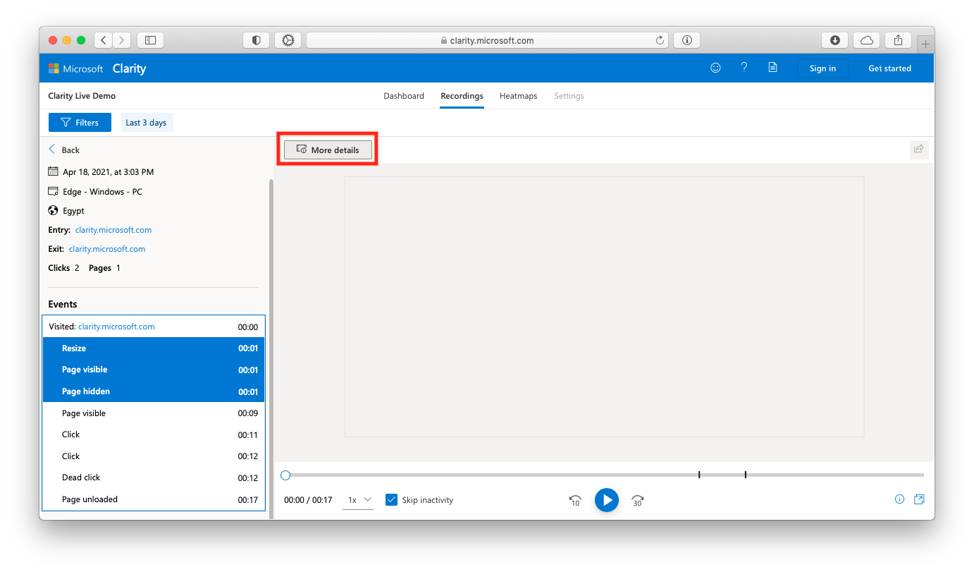 Text log of user actions during the session in Microsoft Clarity