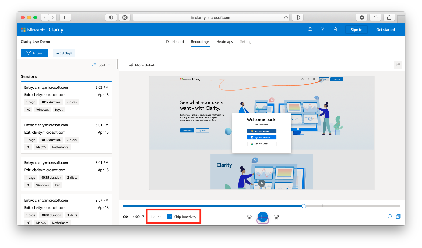 Watching screen recordings in Microsoft Clarity