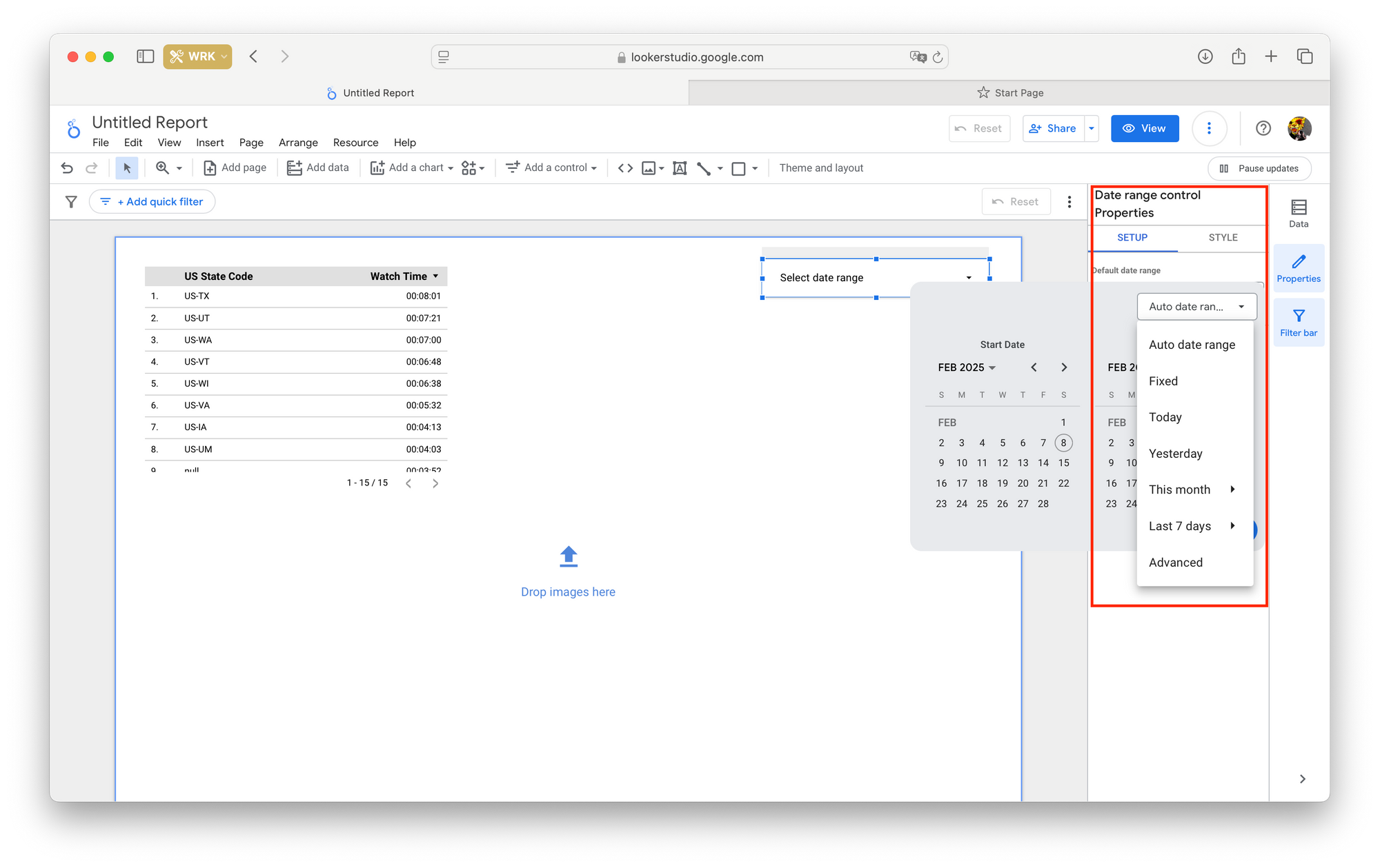 change default date range in looker studio in 'control properties'