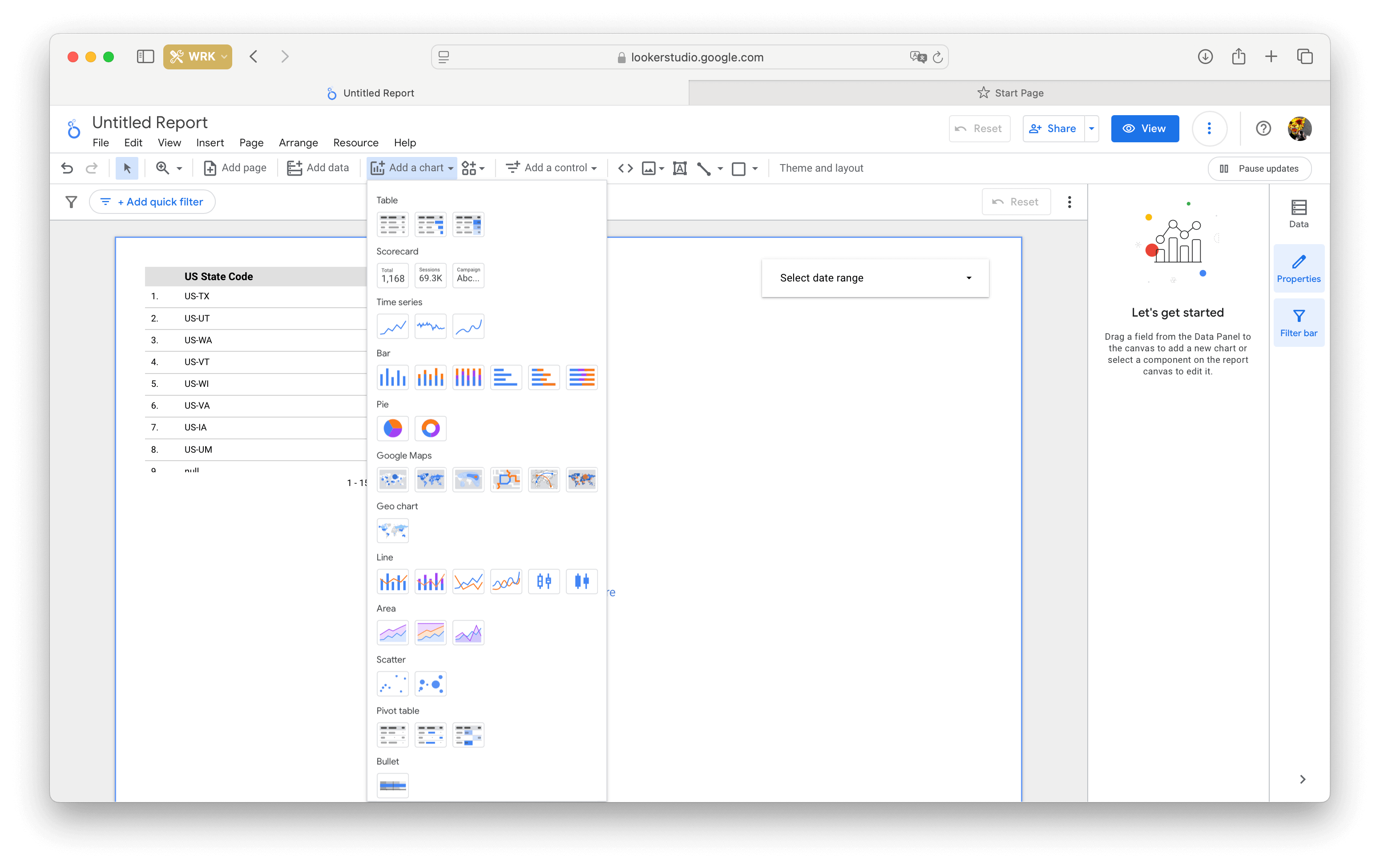 adding a chart in Google Looker Studio