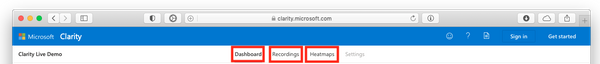 Меню Microsoft Clarity